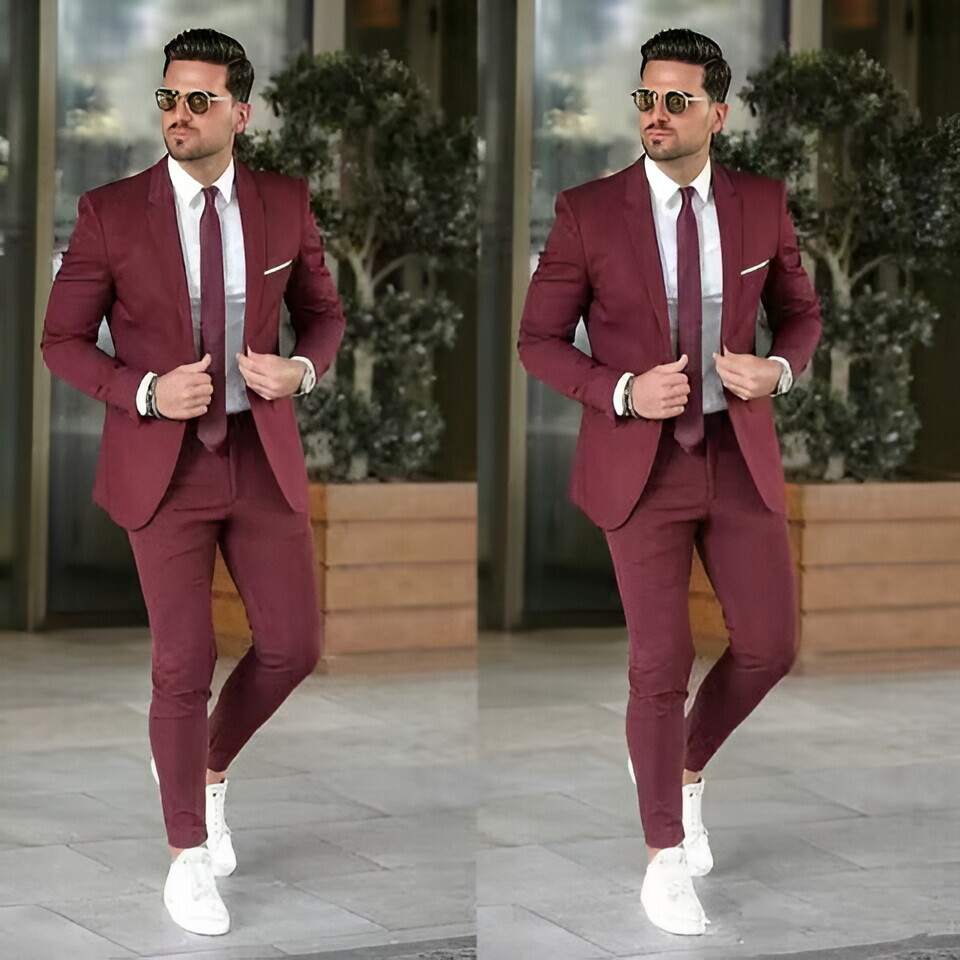 Pcs Burgundy Men's Suits Formal Business Wedding Groom Tuxedos
