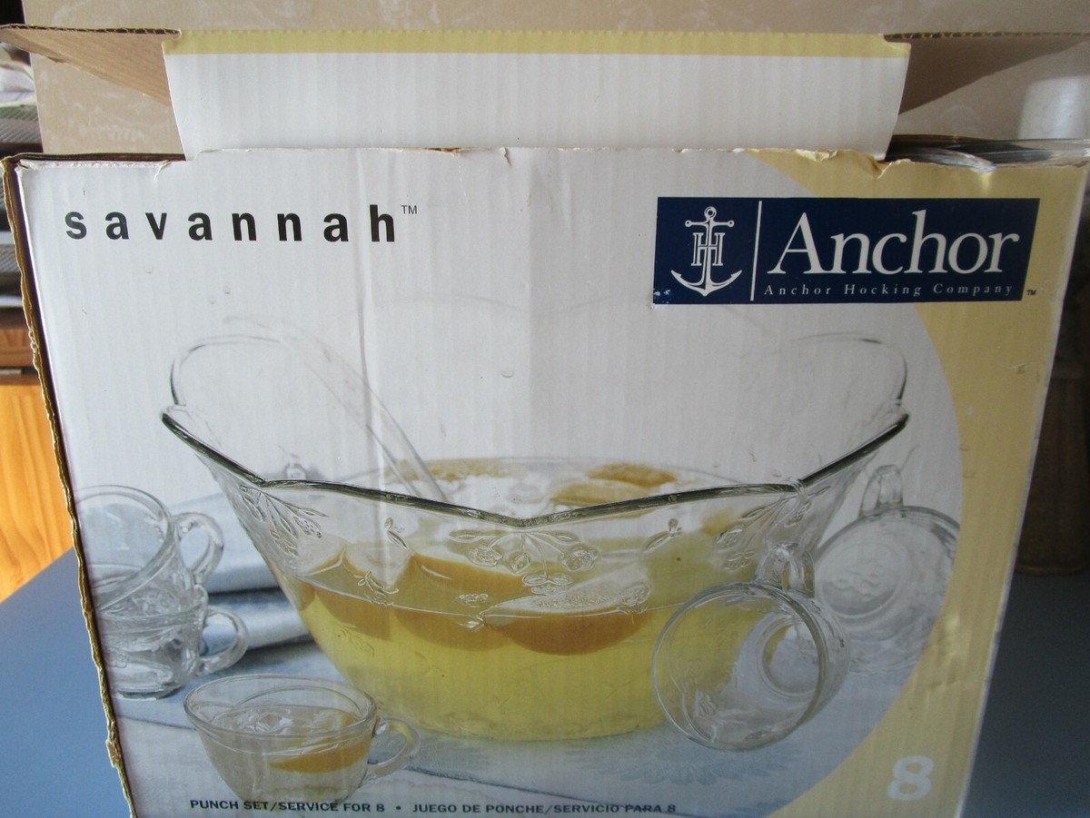Anchor Hocking Savannah Complete Punch Bowl Set Glass Glassware