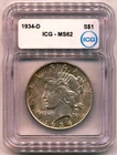 1934-D PEACE SILVER DOLLAR MS62 ICG