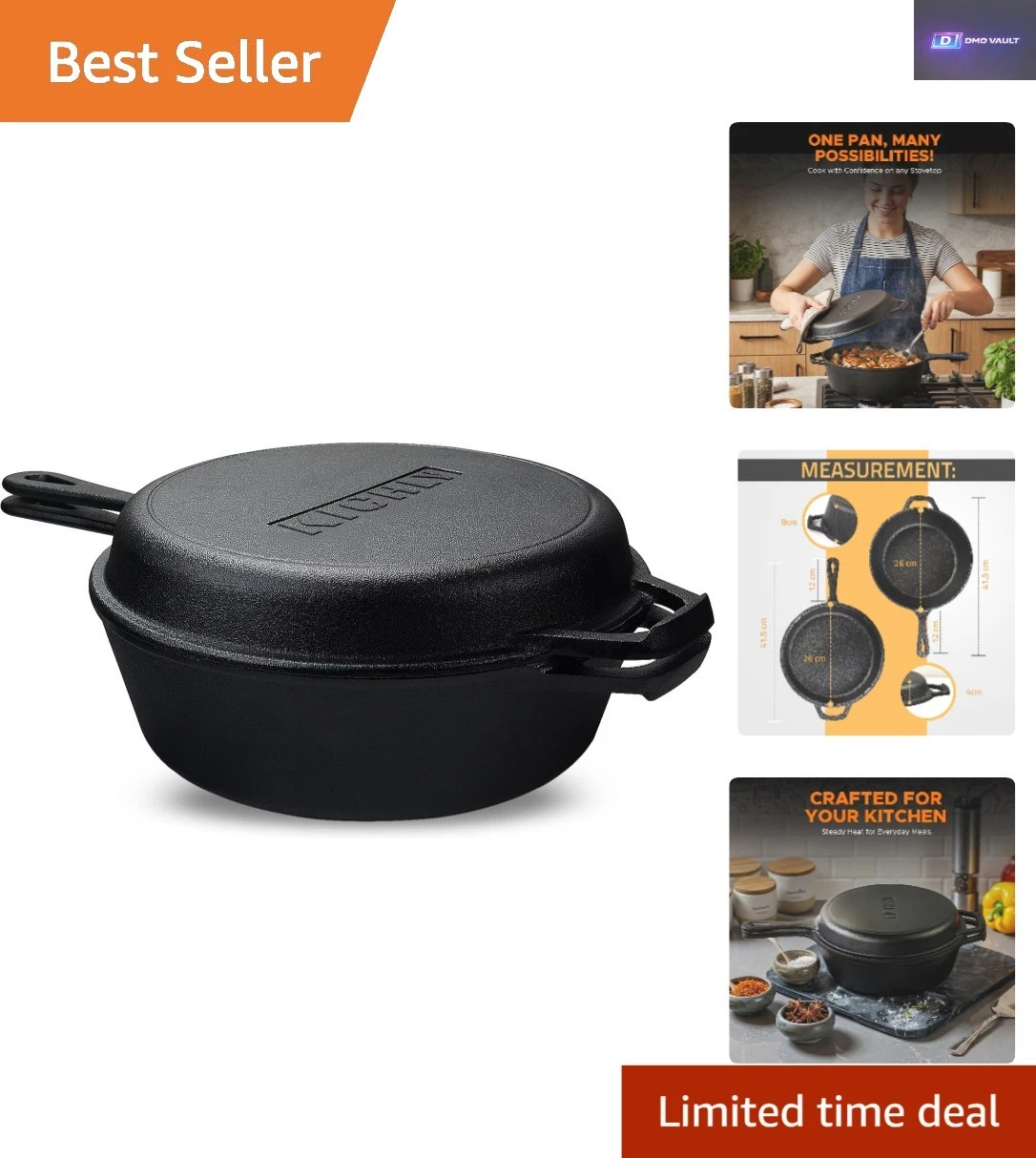 3.2 Quart Pre-Seasoned Cast Iron Dutch Oven Combo Cooker with Lid, 10.25 Inch