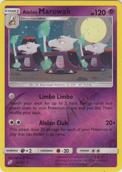 Moderately Played Alolan Marowak - 64/181 - Rare - Reverse Holo Pokemon Team Up