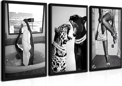 Framed Trendy Black and White Wall Art Set of 3, Fashionable Cheetah Wall Decor,
