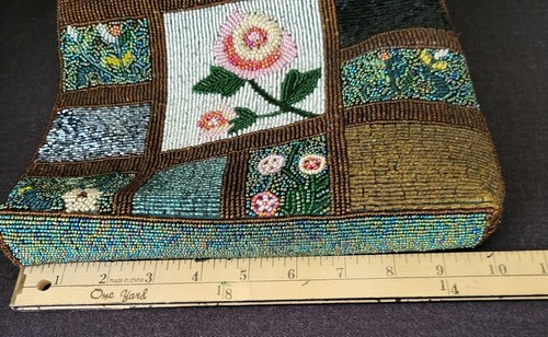 VTG Beaded Purse Floral Block Pattern Plastic Circle Handles Inside Pocket Retro - Picture 20 of 20