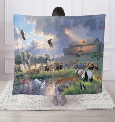 Boarding The Ark 50 x 60 Inch Plush Throw Blanket: Noah s Ark Wildlife Scene