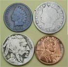 Lot of 4 Old Coins – 1 Indian Head Penny, 1 Lib V 5c, 1 Buffalo 5c & 1 Linc 1c