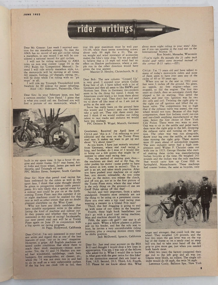 Rare Cycle Magazine June 1952 Indian vs Thunderbird, Triumph Road Test – VG/VG+ - Image 3 of 4