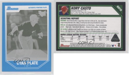 2007 Bowman Draft Chrome Printing Plate Cyan 1/1 Kory Casto #BDP38 1h1 - Picture 3 of 3