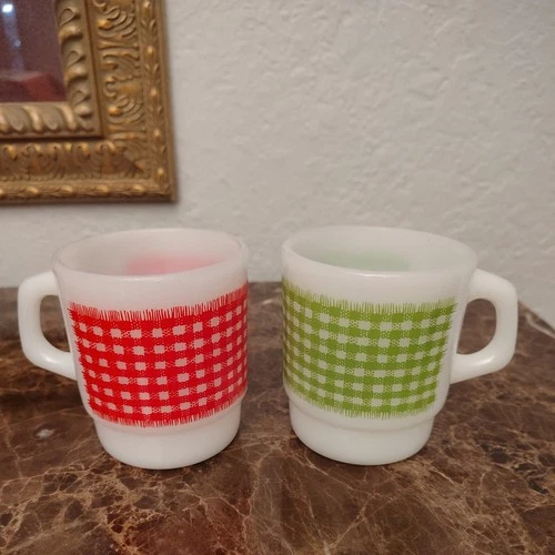FIRE KING GINGHAM Red & Green PLAID COFFEE MUGS STACKABLE Set Of 2 Yellow/Green