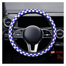 Checkered Race Flag Car Steering Wheel Cover 15 Inch Non-slip Breathable Blue