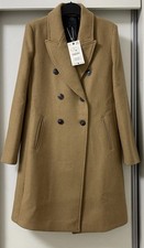 Image of ZARA BROWN CAMEL WOOL BLEND DOUBLE-BREASTED COAT WITH SHOULDER PADS SIZE L BNWT