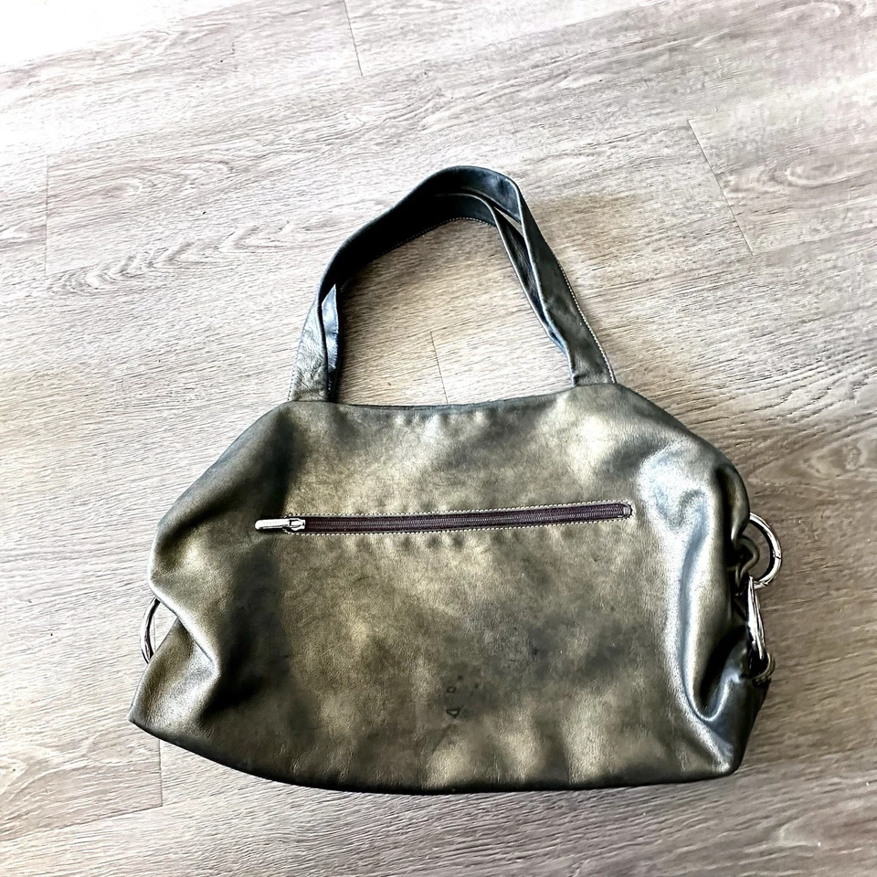 Bolso de Hombro Texier Hecho en Francia Cuero Oliva Metálico Plata Anillos Foto 3 de 4