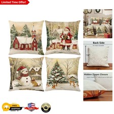18x18'' Retro Christmas Pillow Covers - Snowy Church Santa Design, Set of 4
