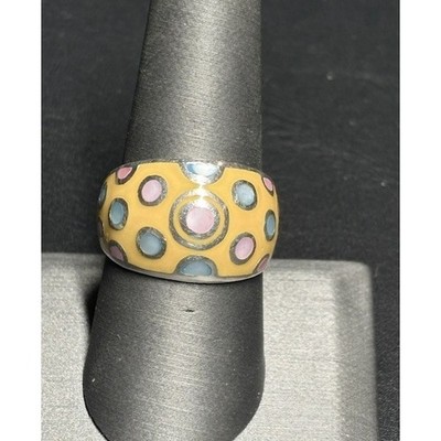 925 STERLING SILVER YELLOW ENAMEL AND ABALONE DOME RING SIZE 8.5 SKY