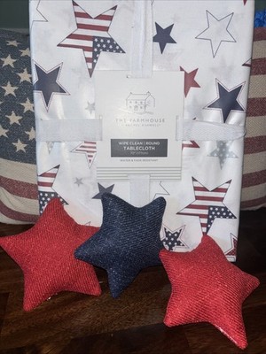Farmhouse Rachel Ashwell Patriotic Stars   Tablecloth 70'' Round Easy Clean
