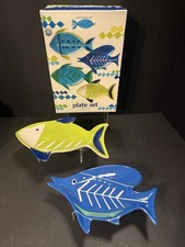 Boston Warehouse Fish Shaped Plates/Dishes Schools Out Pattern Boxed *Only 2 Pcs