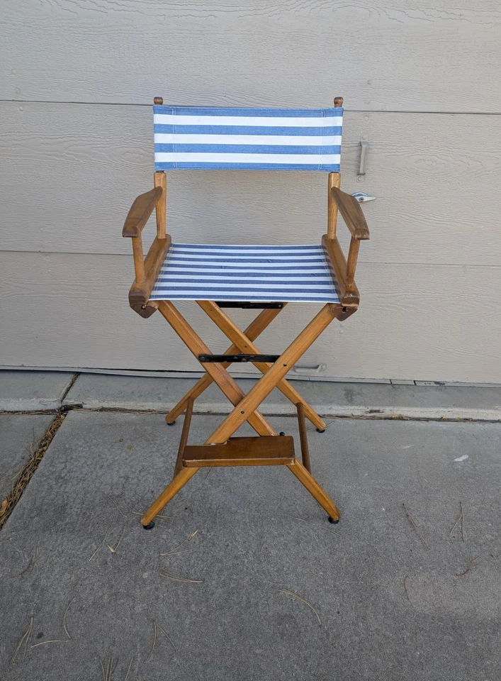 Cadeira Directors Vintage Telescópio Dobrável de Madeira com Lona Azul Branca - Imagem 2 de 4