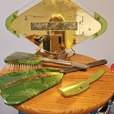 Vintage Green Art Deco Celluloid Vanity Set Mirror Brush Tray Floral Design