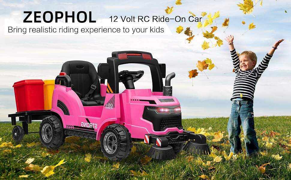 ZEOPHOL 12V Kids Ride On Toy Sweeper Truck Construction Car Trailer&Rubbish Bin