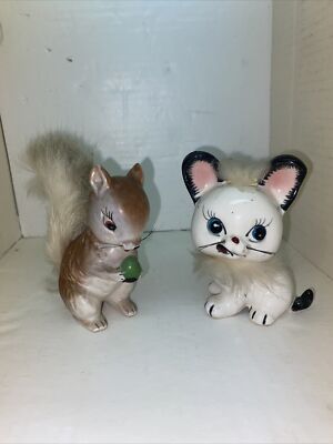 Vintage Ceramic Squirrel And Cat With fur  - Japan