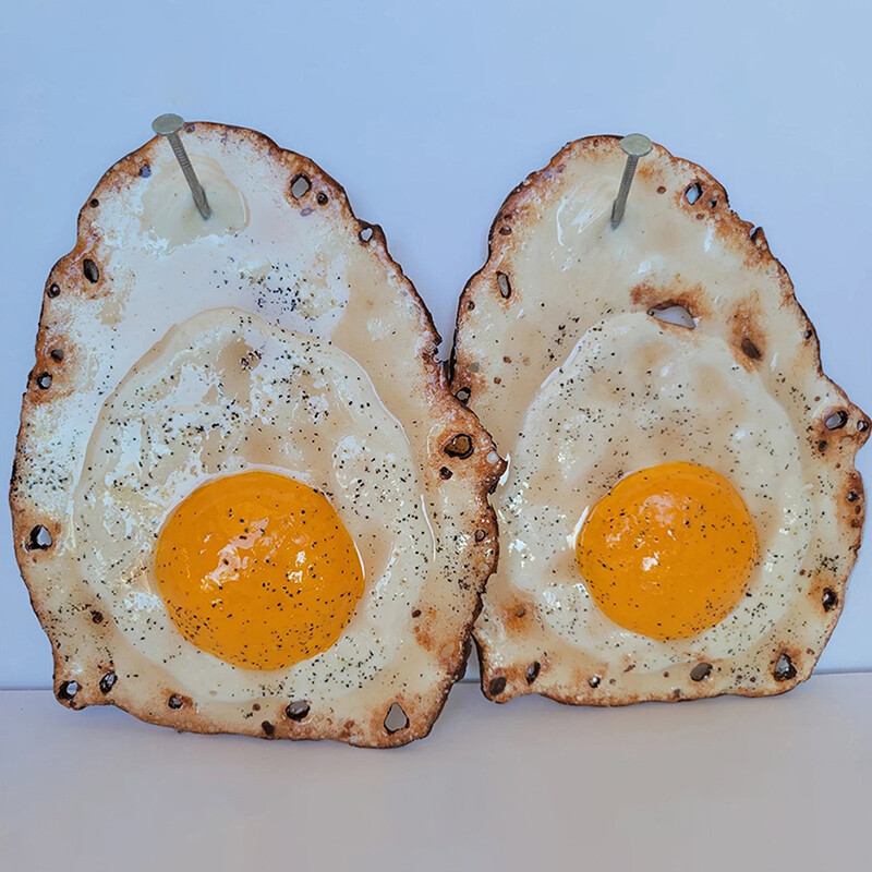 Fried Egg Hanging On A Nail, Funny Egg Sculptures Decoration Thrown On The Wall,