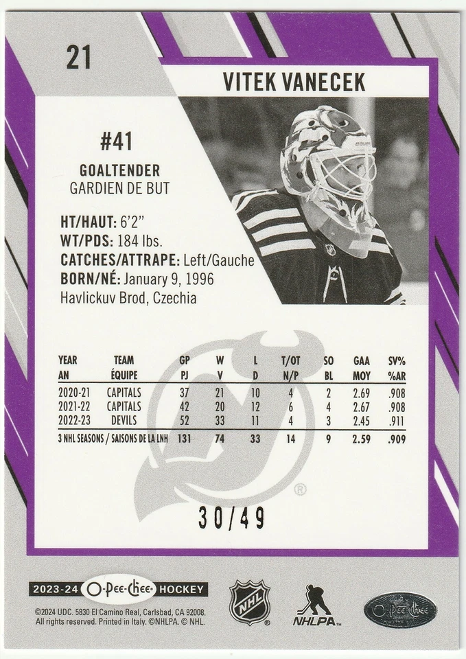 2023-24 O-Pee-Chee "Purple" SSP (30/49) Parallel # 21 Vitek Vanecek! - Image 2 of 2