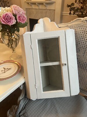 Antique Wall Case Wood Country Shabby Chic Corner Shelf Vtg White Glass Display