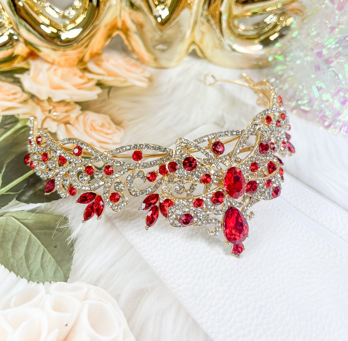 Luxury Bow Ribbon Crystal Red Rhinestone Ruby Hair Jewelry  display picture 1