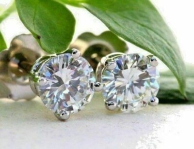 2CT LAB CREATED DIAMOND SOLITAIRE STUD EARRINGS 14K WHITE GOLD PLATED PUSH BACK
