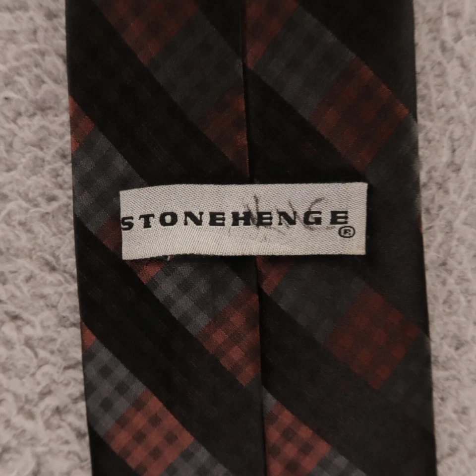 Corbata Stonehenge Marrón Negro Gris Rayas Cuadrados Cuadrados 100% Seda 3.75" Foto 3 de 4