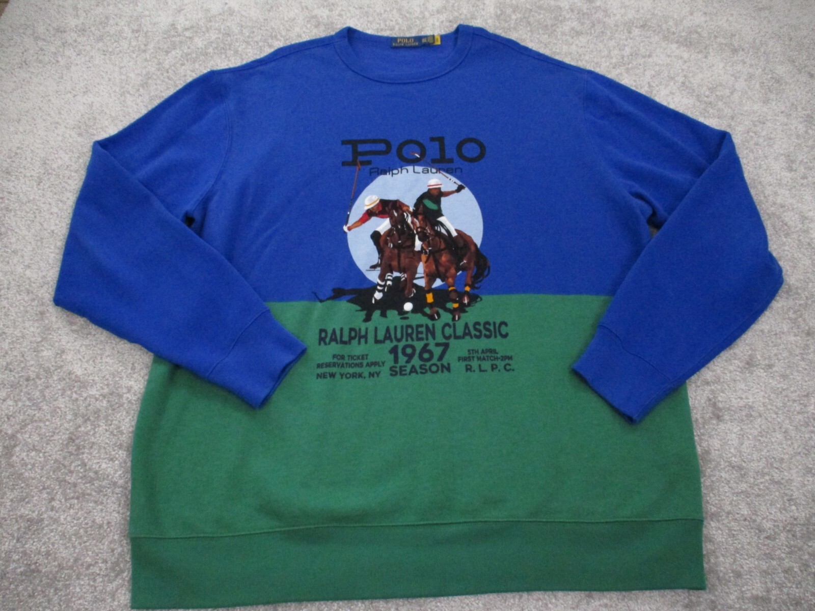 Polo Ralph Lauren Felpa Uomo 2XLT Equitazione Pony Colorblock Blu Verde