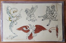 ORIGINAL Vintage 1980's Shop Used Tattoo Flash Production Sheet Angel, Devil