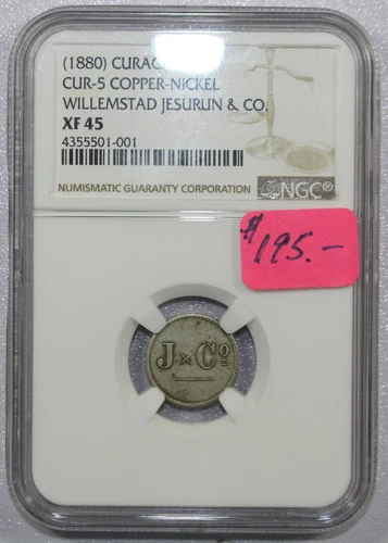 1880 CURACAO 1S CUR-5 COPPER-NICKEL WILLEMSTAD JESURUN & CO. XF45 NGC #138