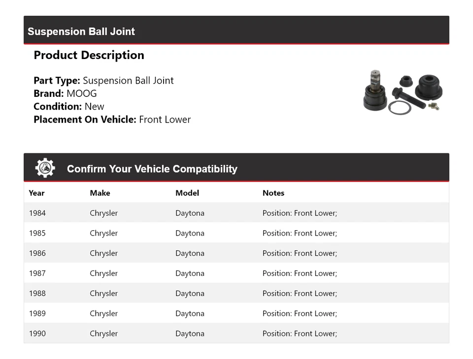 Rótula de suspensión delantera inferior MOOG 1984-1990 Chrysler Daytona 1984-1990 Foto 2 de 4