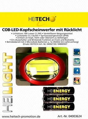 HEITECH COB Led Kopfscheinwerfer mit Rücklicht Stirnleuchte inkl. Batterien Stirnlampe