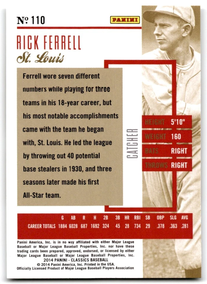 2014 Panini Classics Rick Ferrell St. Louis Browns #110 - Image 2 of 2