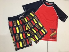 NWT Gymboree Boys Hot Dog Swimsuit Rash Guard trunk Shorts Set UPF 50 10-12, 14