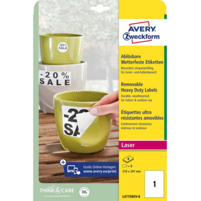 AVERY Zweckform L4775rev-8 wetterfeste Etiketten weiß 210x297mm wiederablösbar 8