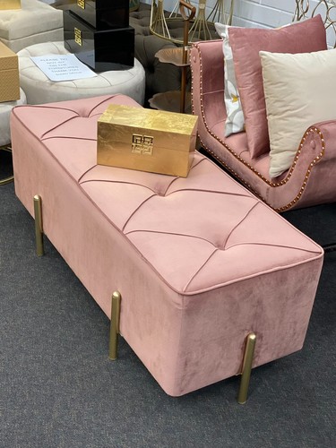 Premium Bed End Velvet Bench/Tufted Ottoman with Gold Metal Legs peach pink - Picture 6 of 15