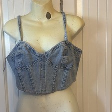 Blue Denim Corset Top Zip Closure Spaghetti Straps Sleeveless Size S