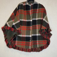 Vintage Wool Reversible Red/Blk/Olive Green Plaid Cape W/Pockets/fringe