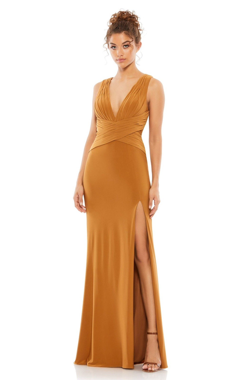 Mac Duggal V-NECK PLEATED BODICE JERSEY COLUMN GOWN CARAMEL SIZE 4 55703)
