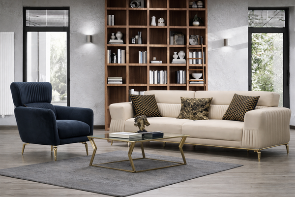 Blau-Beiges Sofa-Set Designer 3-Sitzer Exklusiver Polstersessel 2Tlg-image