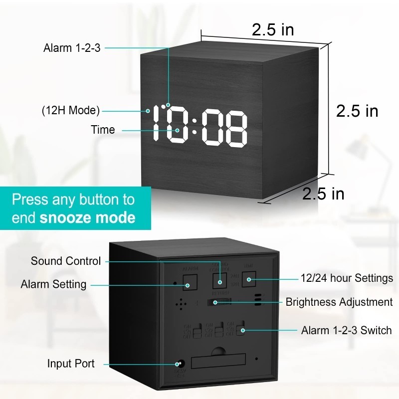 Black-Portable Wooden Modern Alarm Clock Digital LED Time for Bedroom Office NEW