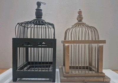 Bird Cage (2) Vintage Wood and Metal Wire Dome Victorian Style - 10'' Height
