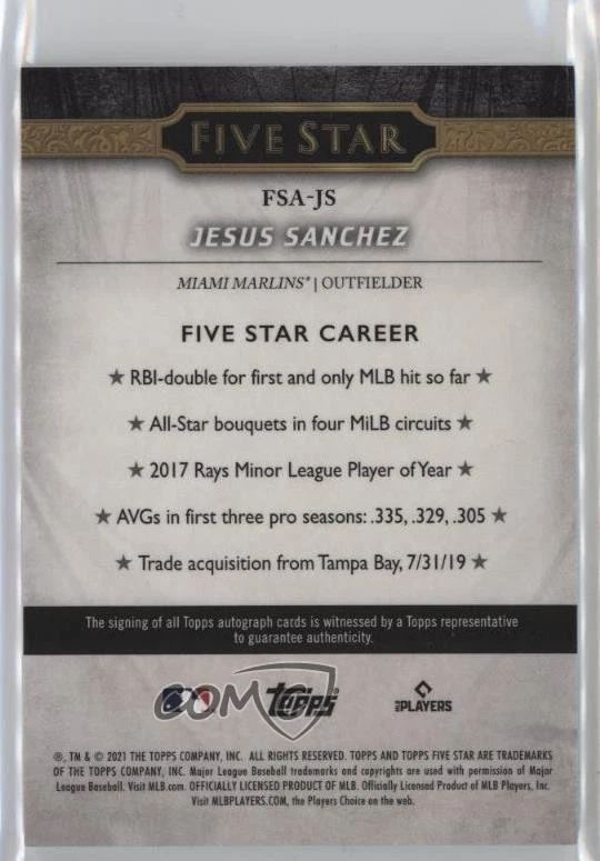 2021 Topps Five Star Auto Green /15 Jesus Sanchez #FSA-JS Rookie Auto RC - Image 2 of 2