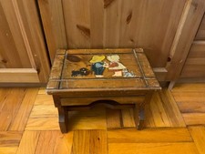 Vintage Handmade Rustic Wooden Foot Stool with hand painted picture Brown