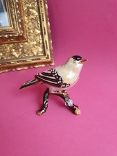 (K13) Schmuckdose Emaille Messing Pillendose Vogel auf Ast mit Strasssteinen