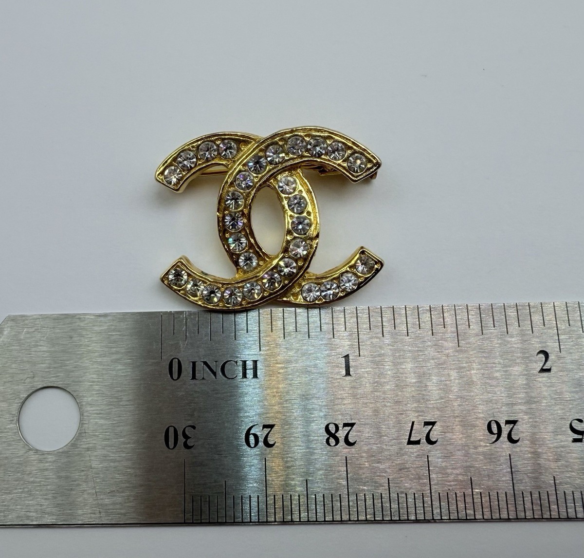 Vintage CHANEL CC Logo Rhinestone Brooch Gold Tone Pin w/ Box