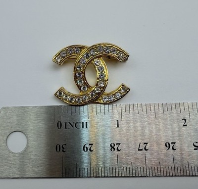 Vintage CHANEL CC Logo Rhinestone Brooch Gold Tone Pin w/ Box