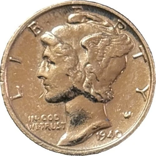 1940-W Brilliant Almost Uncirculated Silver Mercury Dime